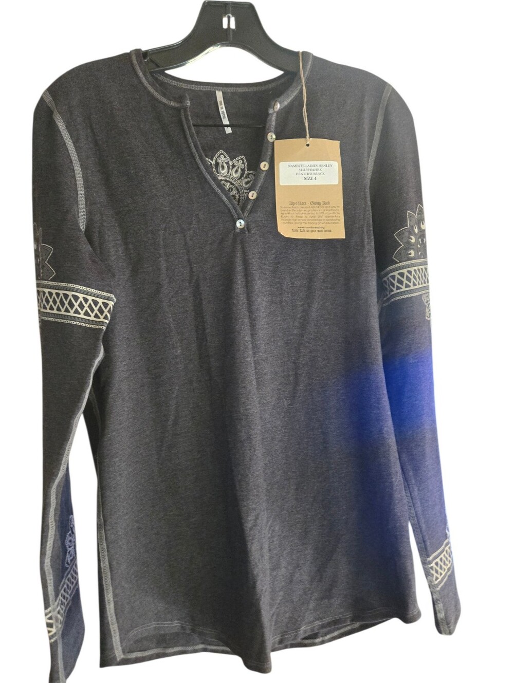 Alp-n-Rock, Women’s Charcoal Long-Sleeve Henley Top with Embroidered Accents